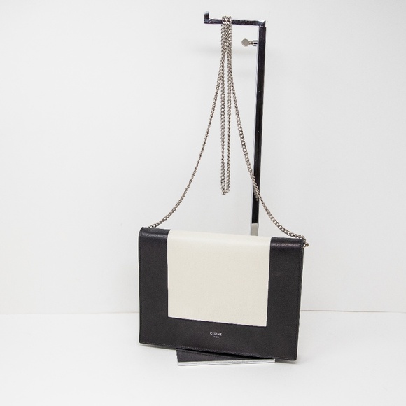Celine Frame Black White Colorblock Genuine Leather Silver Chain Purse Bag - Picture 1 of 7